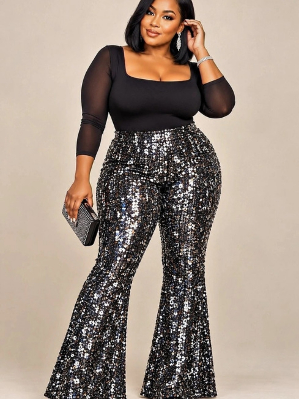 No Boundaries Sequin Flare Pants Black & Silver XL NWT